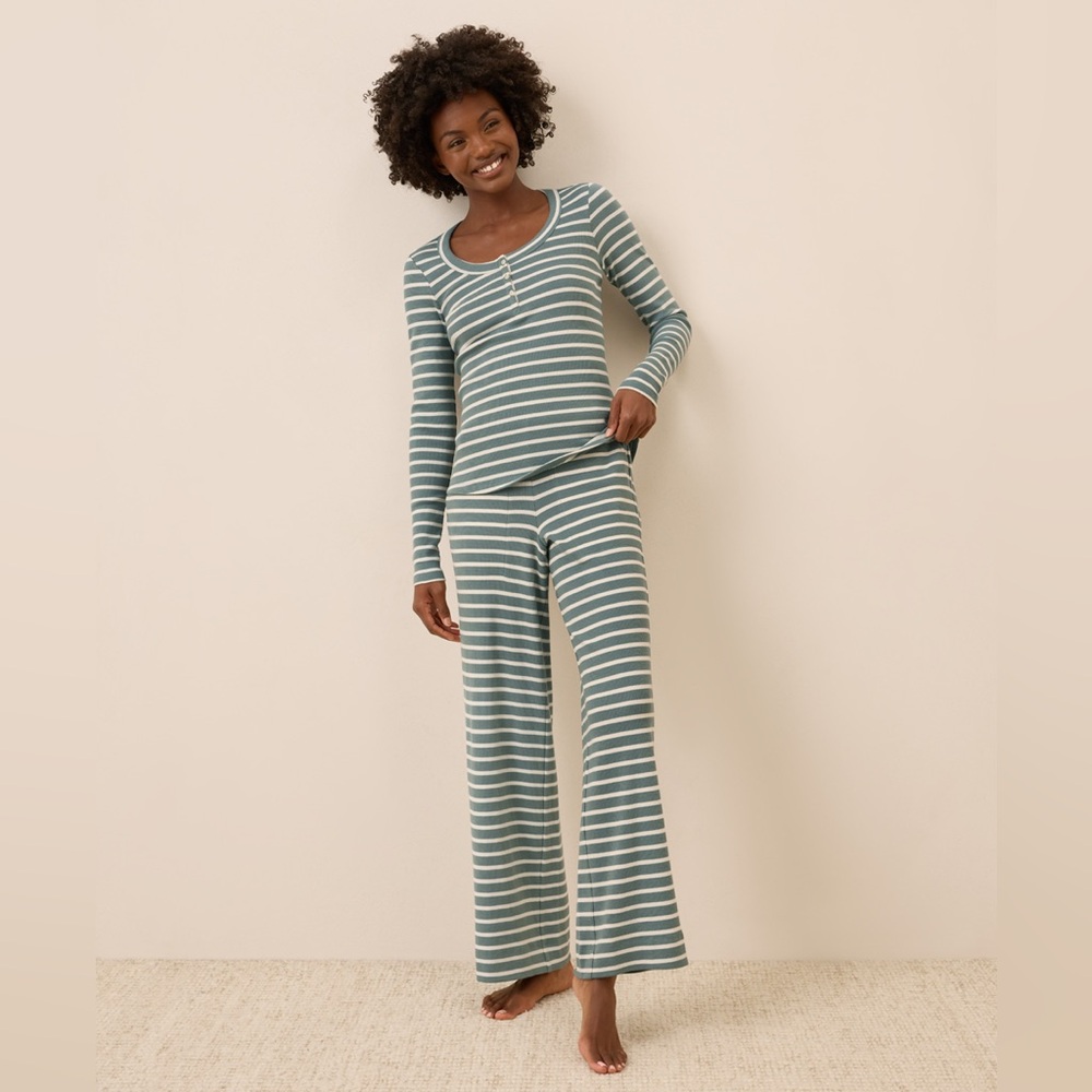 💚NWT Pact SET Organic Easy Rib Slim Henley and Wide Leg Lounge Pant Napa Stripe